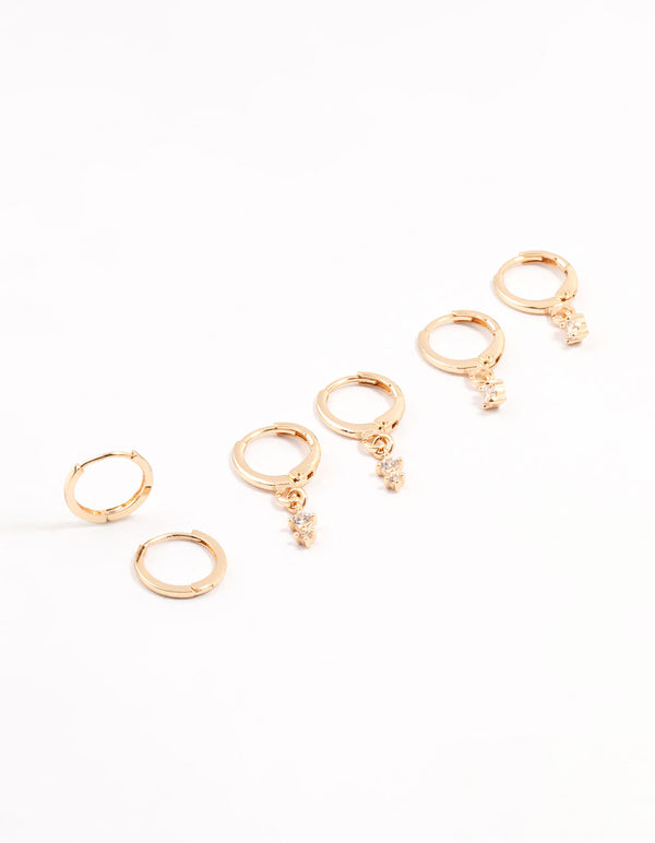 Gold Dainty & Round Cubic Zirconia Hoop Earrings 3-Pack