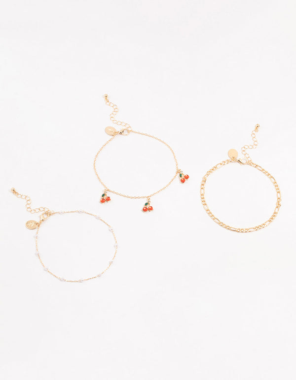 Gold Pearl & Cherry Anklets 3-Pack