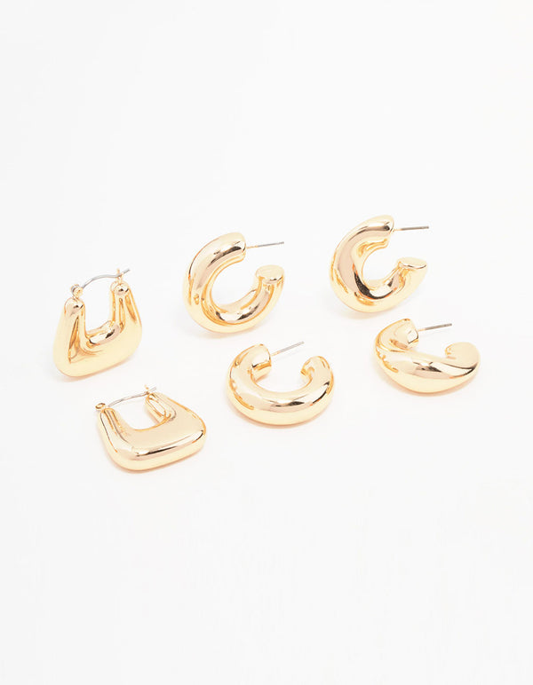 Gold Chunky Mixed Shaped Hoop Earrings 3-Pack