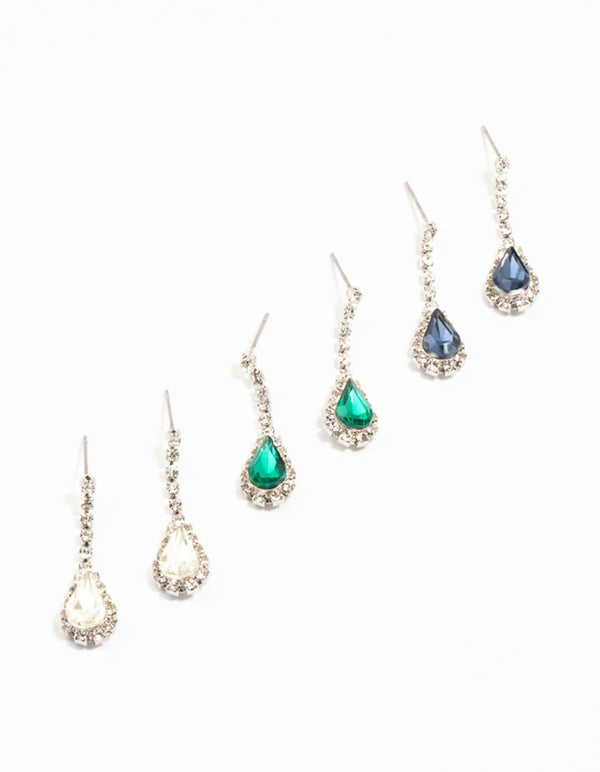 Silver Teardrop Diamante Drop Earrings 3-Pack