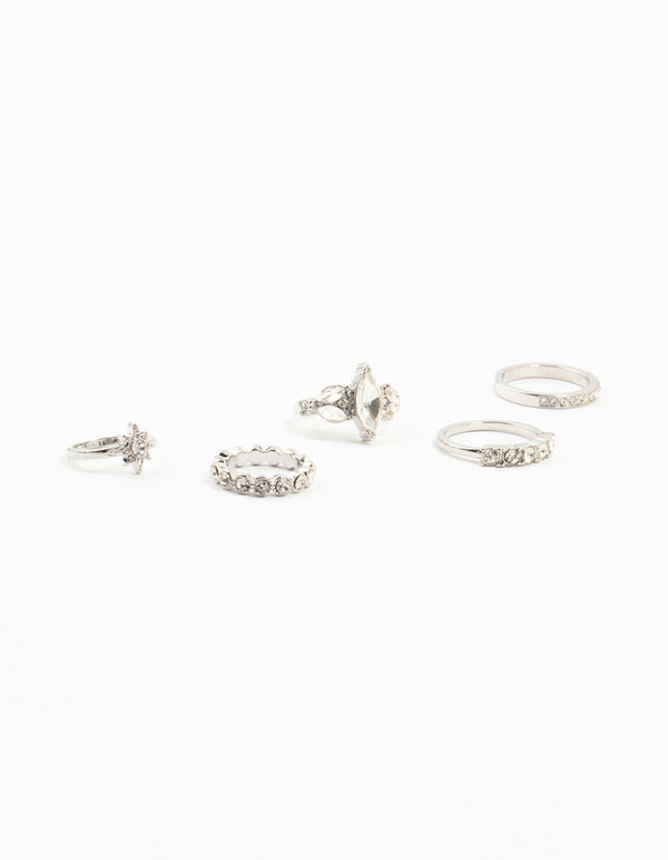 Rhodium Mixed Diamante Rings 5-Pack