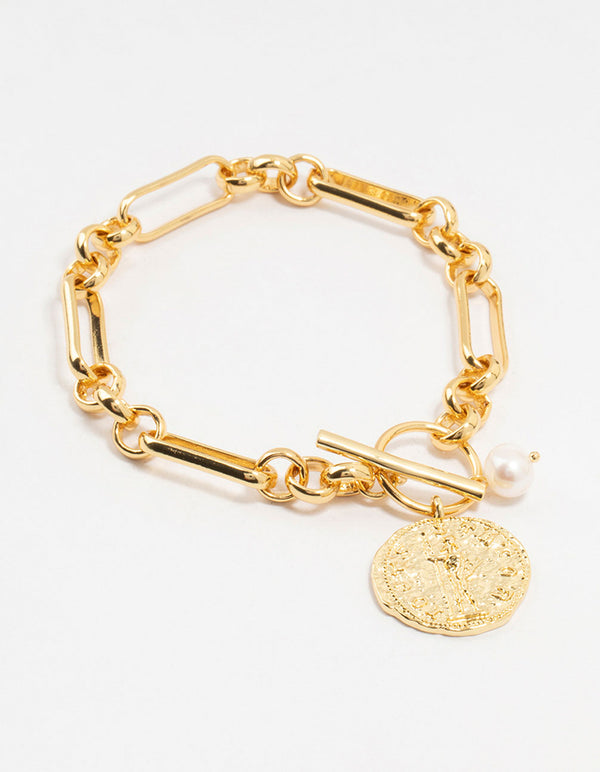 Gold Plated Brass Rectangular Link With Coin Bracelet