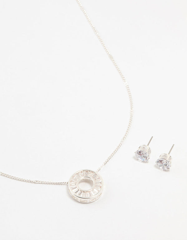 Rhodium Cubic Zirconia Donut Pendant Necklace & Earrings Set