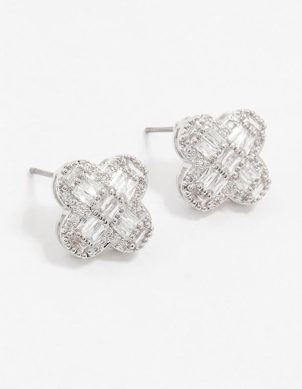 Rhodium Paved Flower Stud Earrings