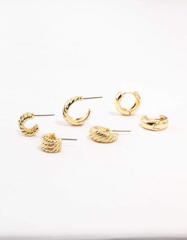 Gold Plated Textured Hoop Earrings 3-Pack