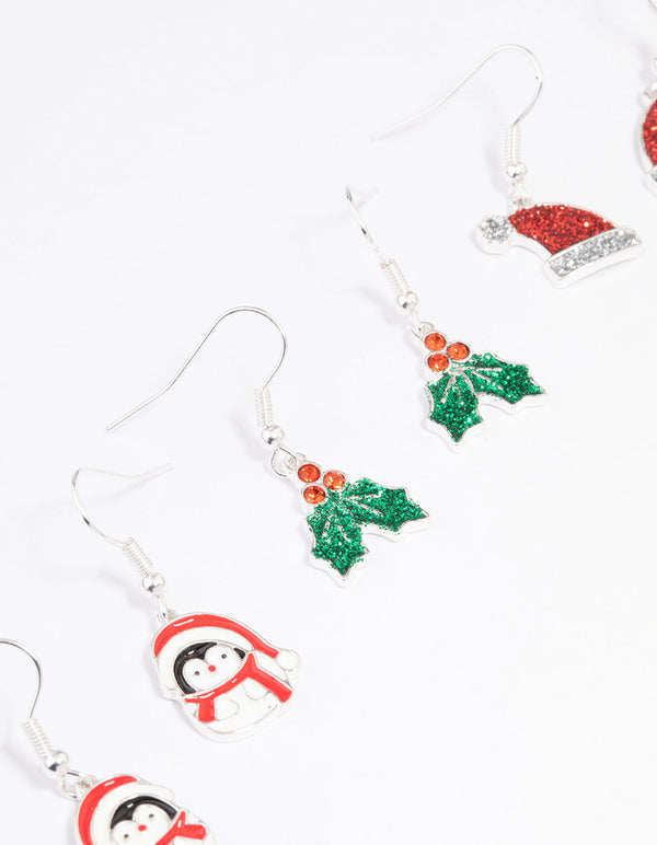 Silver Holly, Santa & Penguin Drop Earrings 3-Pack