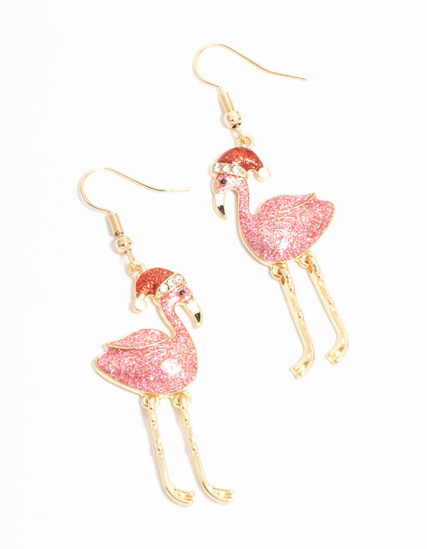 Pink Enamel Flamingo Drop Earrings