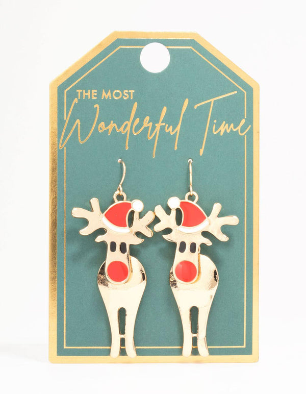 Red Nosed Reindeer Gold Drop Earrings