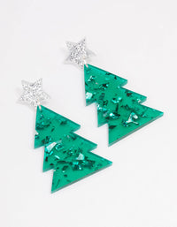 Green Acrylic With Silver Star Tree Earrings - link has visual effect only