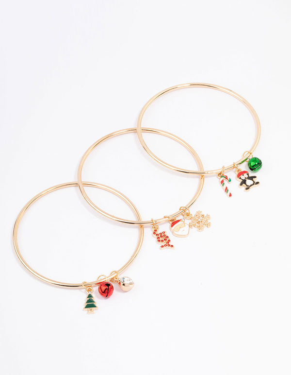 Red Bell Gold Charm Stacked Bangle