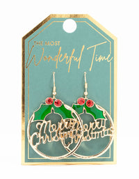 Gold Merry Christmas Wreath Hoop Drop Earrings - link has visual effect only