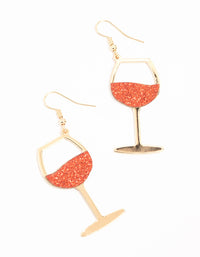 Red Glittery Wine Glass Gold Drop Earrings - link has visual effect only