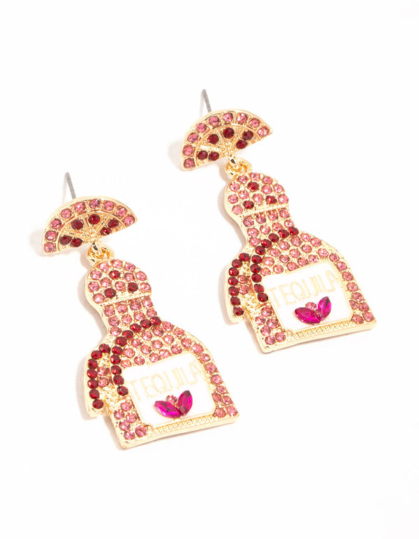 Pink Diamante Tequila Bottle Drop Earrings