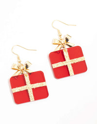 Gold & Red Acrylic Present Drop Earrings - link has visual effect only