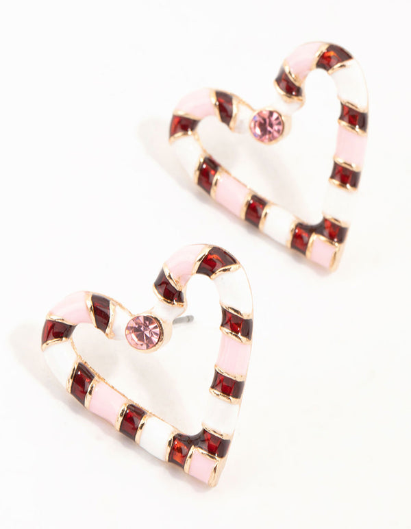 Pink & Red Candy Cane Heart Gold Stud Earrings