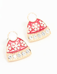 Red Winter Beanie Gold Earrings - link has visual effect only