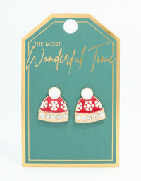 Red Winter Beanie Gold Earrings - link has visual effect only