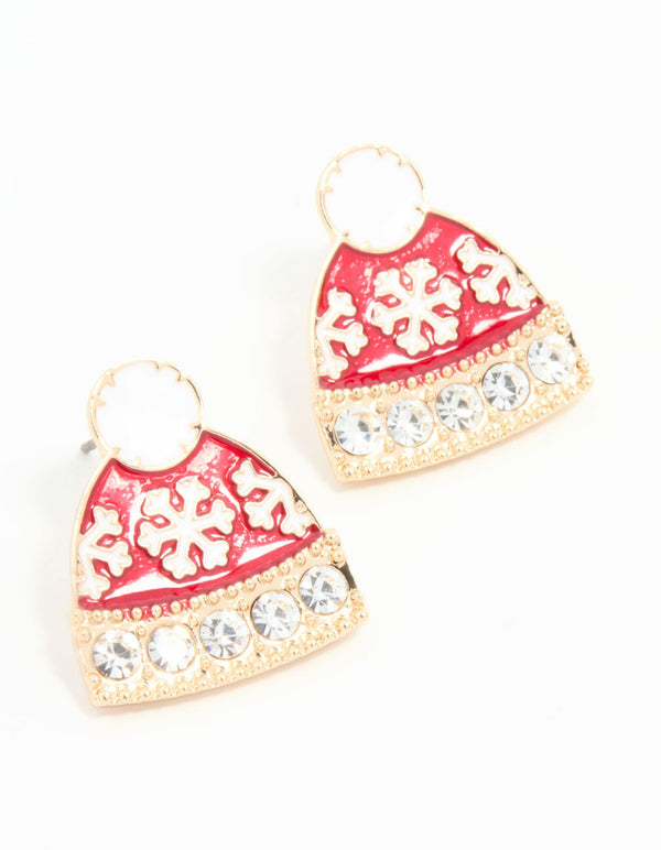 Red Winter Beanie Gold Earrings