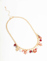 Red Bow & Beads Gold Charm Necklace - link has visual effect only