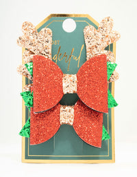 Red Glitter Reindeer Bow Hair Clips 2-Pack - link has visual effect only