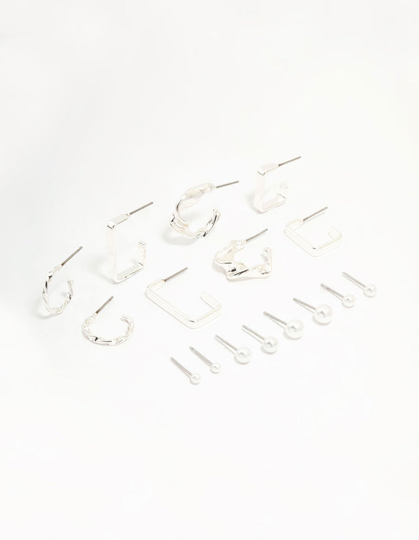 Silver Pearl & Mixed Shape Hoop Earrings 8-Pack