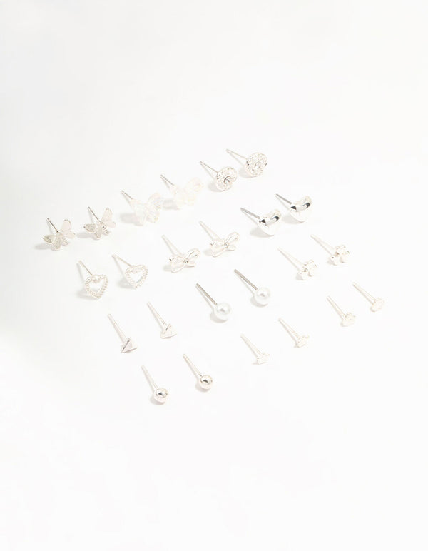 Silver Stud Butterfly & Mixed Style Earrings 12-Pack