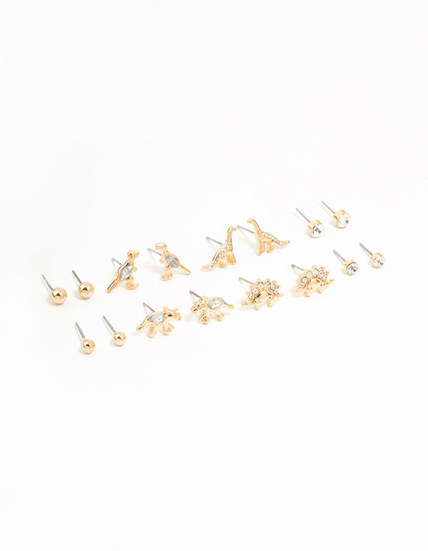 Gold Dinosaur & Diamante Stud Earrings 8-Pack