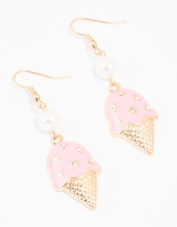 Gold Pearl & Pink Ice Cream Drop Earrings