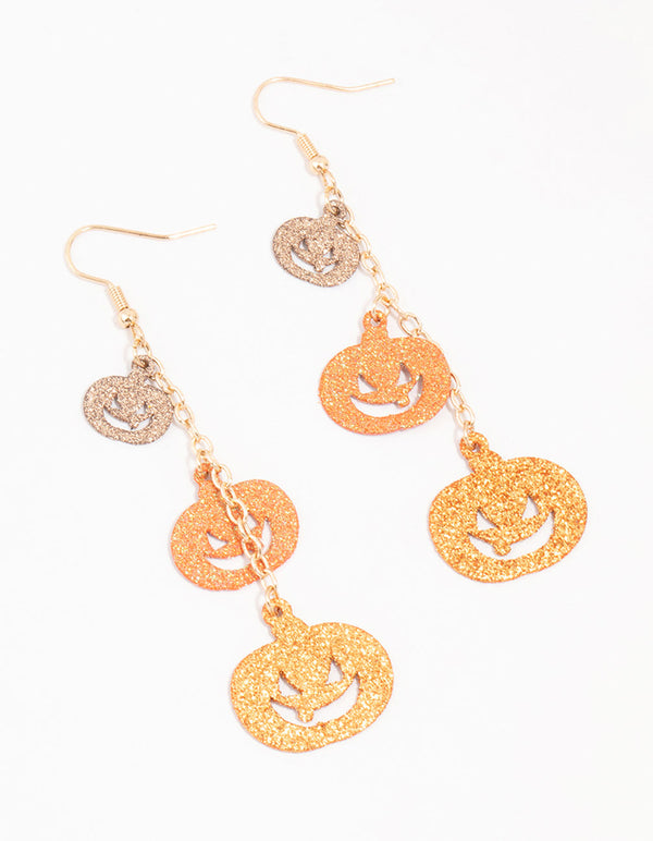 Acrylic Gold, Black & Orange Glitter  Pumpkin Drop Earrings