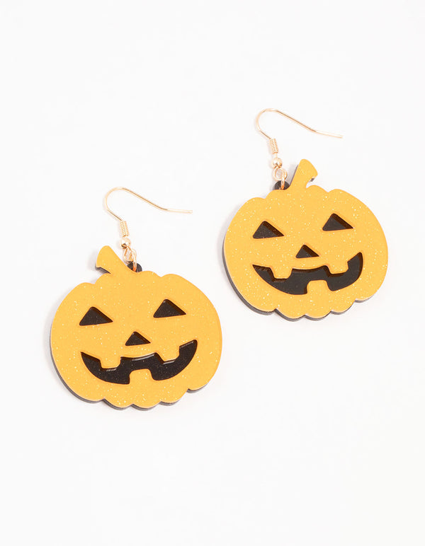 Orange Acrylic Scary Pumpkin Drop Earrings