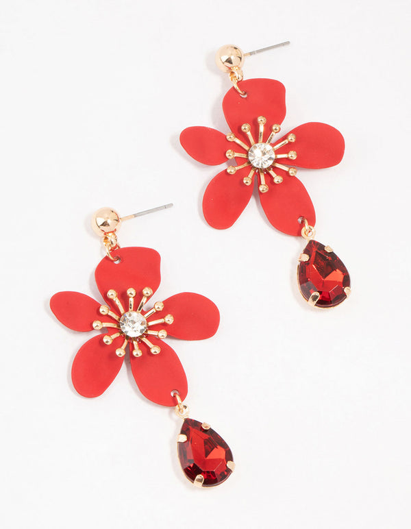 Red Coated Metal Flower Pear Diamante Drop Earrings