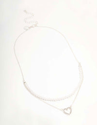 Silver Pearl & Diamante Heart Layered Necklace - link has visual effect only