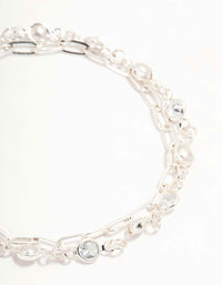 Silver Layered Link & Diamante Bracelet - link has visual effect only