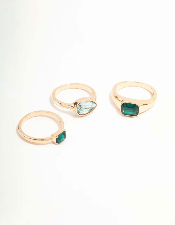 Green Diamante Gold Rings 3-Pack