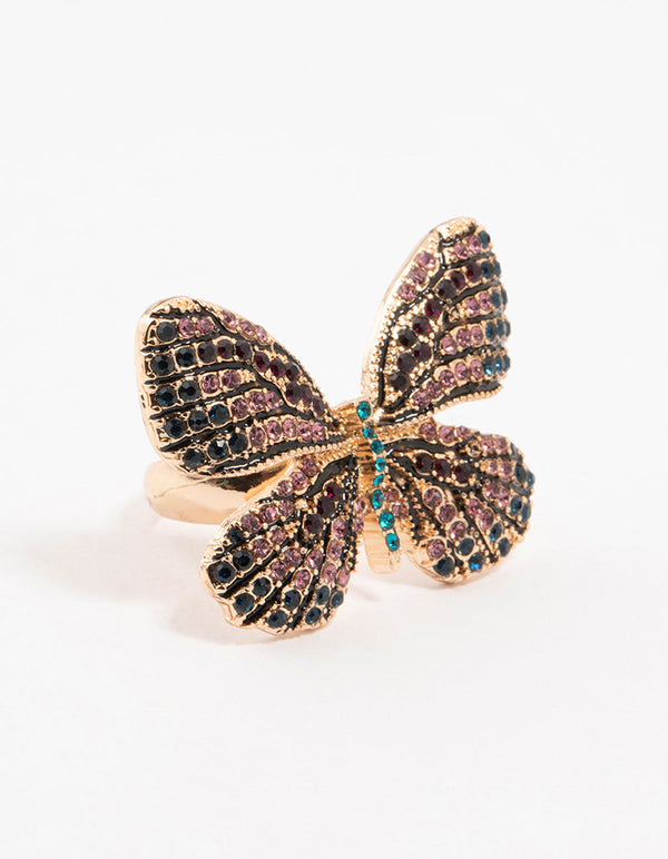 Gold Jeweled Butterfly Ring