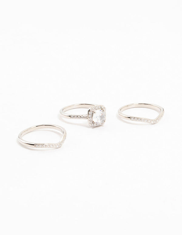 Rhodium Pointed & Halo Ring Pack