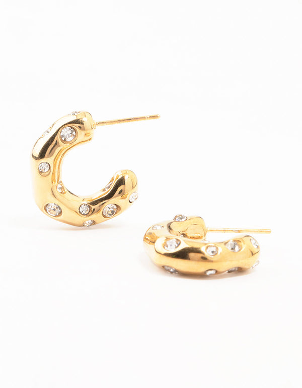 Waterproof Gold Plated Stainless Steel Crystal Molten Hoop Earrings