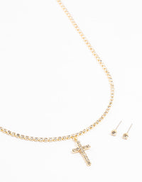 Gold Plated Tennis Cross Necklace & Stud Earrings Set - link has visual effect only