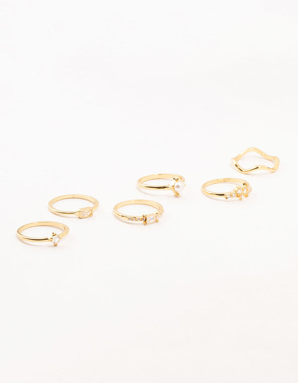 Gold Plated Pearl Cluster Baguette Rings 6-Pack