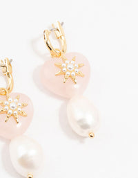 Gold Plated Semiprecious Rose Quartz Heart & Pearl Earrings - link has visual effect only