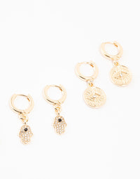 Gold Evil Eye & Hamsa Hand Earrings 4-Pack - link has visual effect only