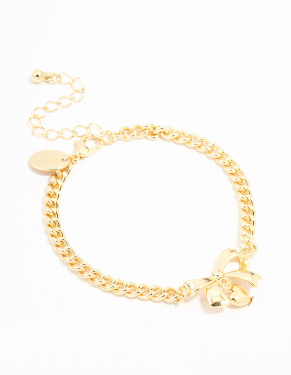 Gold Plated Brass Bow With Heart Charm Toggle Bracelet