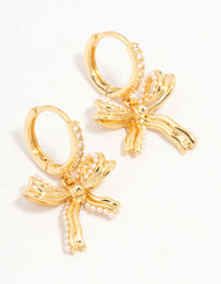 Gold Plated Brass Freshwater Pearl Encrusted Bow Drop Huggie Earrings - link has visual effect only