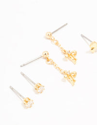 Gold Plated Mini Cubic Zirconia Bow Drop Earrings 3-Pack - link has visual effect only