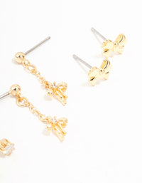 Gold Plated Mini Cubic Zirconia Bow Drop Earrings 3-Pack - link has visual effect only