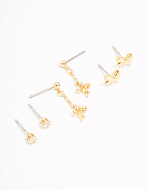 Gold Plated Mini Cubic Zirconia Bow Drop Earrings 3-Pack