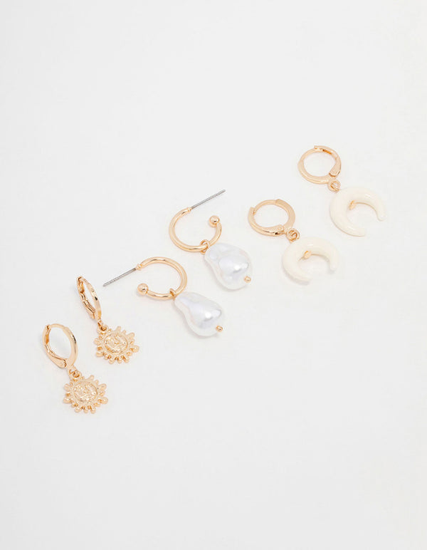 Gold Celestial & Pearl Mixed Earrings 3-Pack