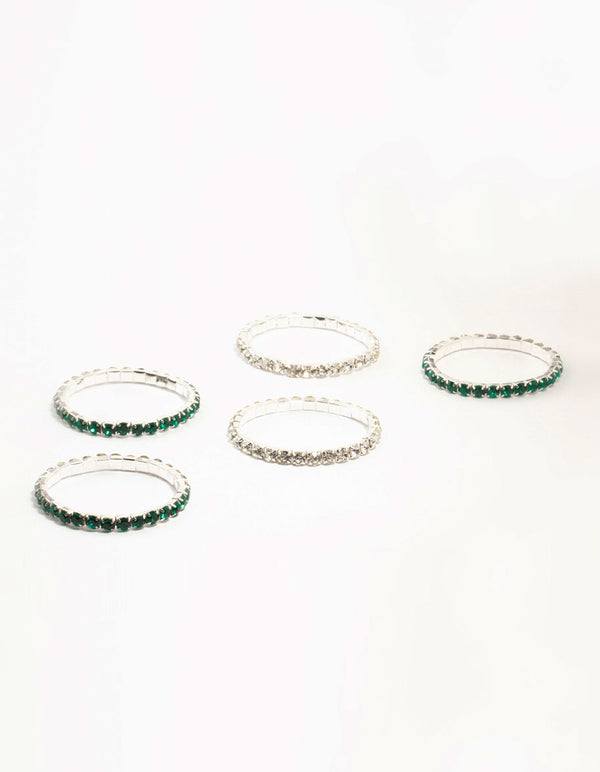 Silver & Green Diamante Cup Chain Stretch Bracelets 5-Pack