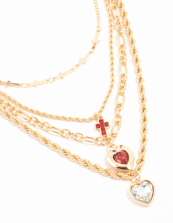 Gold Cross Hearts & Cross Layered Necklace