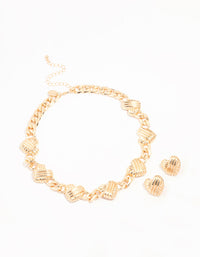 Gold Ribbed Heart Chain Necklace & Earrings Set - link has visual effect only